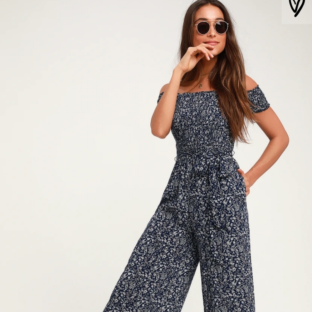 Behold Navy Blue Floral Print Off-the-Shoulder Jum